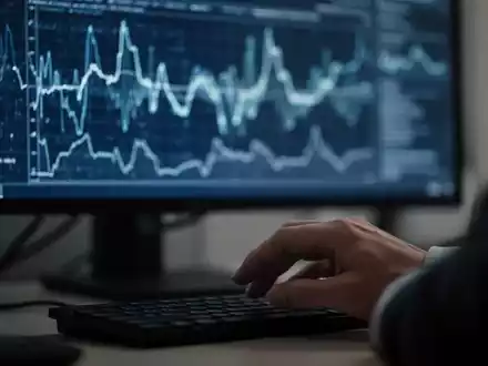 Eine Hand greift zu einer Computermaus vor einem unscharfen Bildschirm, der abstrakte Datenmuster anzeigt. - Foto: über boerse-global.de