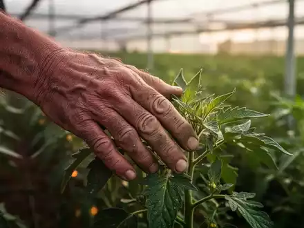 Eine von Arbeit gezeichnete Hand berührt sanft eine grüne Pflanze in einem landwirtschaftlichen Umfeld. - Foto: über boerse-global.de