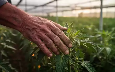 Eine von Arbeit gezeichnete Hand berührt sanft eine grüne Pflanze in einem landwirtschaftlichen Umfeld. - Foto: über boerse-global.de