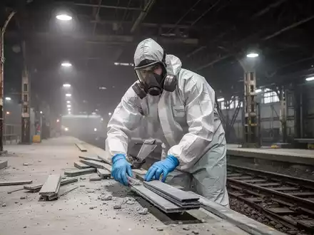 Ein Bauarbeiter in weißem Schutzanzug und Atemschutzmaske arbeitet vorsichtig auf einem staubigen Bahnsteig mit alter Infrastruktur. - Foto: über boerse-global.de