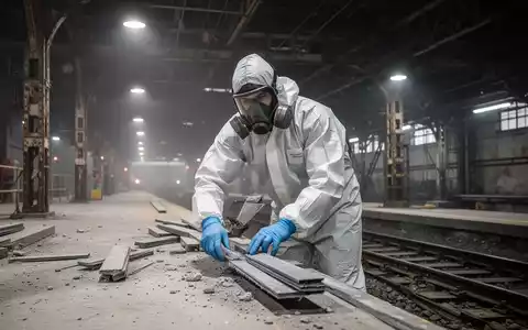Ein Bauarbeiter in weißem Schutzanzug und Atemschutzmaske arbeitet vorsichtig auf einem staubigen Bahnsteig mit alter Infrastruktur. - Foto: über boerse-global.de