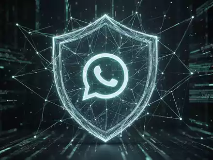 Ein abstraktes, digitales Schild schützt ein WhatsApp-Symbol, umgeben von leuchtenden Datenströmen auf dunklem Hintergrund. - Foto: über boerse-global.de