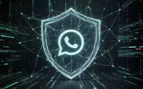 Ein abstraktes, digitales Schild schützt ein WhatsApp-Symbol, umgeben von leuchtenden Datenströmen auf dunklem Hintergrund. - Foto: über boerse-global.de