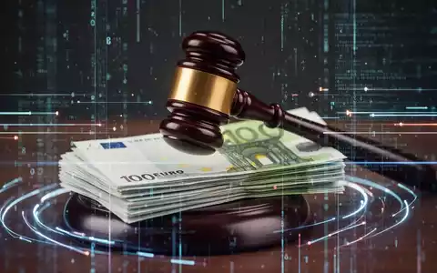 Ein stilisierter Richterhammer schlägt auf einen Stapel Euro-Banknoten, umgeben von digitalen Datenströmen. - Foto: über boerse-global.de