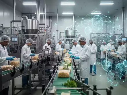 Eine moderne Lebensmittelproduktionsanlage mit glänzenden Maschinen und Mitarbeitern, die die Effizienz der deutschen Ernährungsindustrie darstellt. - Foto: über boerse-global.de