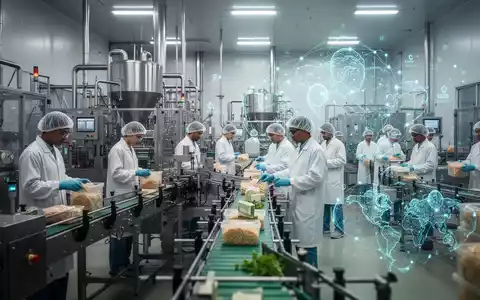 Eine moderne Lebensmittelproduktionsanlage mit glänzenden Maschinen und Mitarbeitern, die die Effizienz der deutschen Ernährungsindustrie darstellt. - Foto: über boerse-global.de