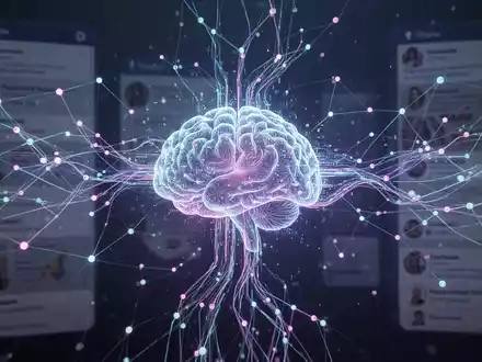 Interconnected data points forming a network flowing into a digital brain, with social media interfaces in the background, symbolizing data use for AI. - Foto: über boerse-global.de