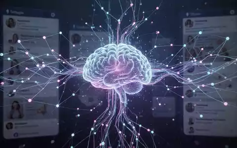 Interconnected data points forming a network flowing into a digital brain, with social media interfaces in the background, symbolizing data use for AI. - Foto: über boerse-global.de