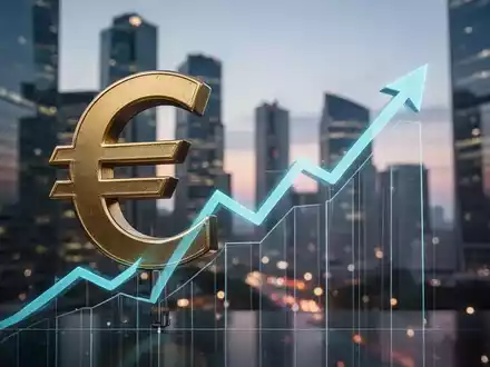 Ein stilisiertes Euro-Symbol oder ein aufsteigender Chart vor dem Hintergrund eines Finanzviertels bei Dämmerung, das Wachstum symbolisiert. - Foto: über boerse-global.de