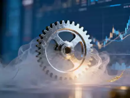 Ein großes Zahnrad, teilweise in Nebel gehüllt, vor einem verschwommenen Hintergrund aus Finanzdiagrammen und Daten. - Foto: über boerse-global.de