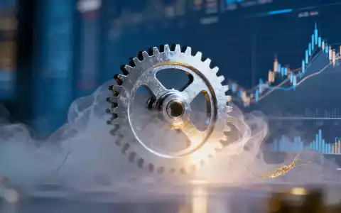 Ein großes Zahnrad, teilweise in Nebel gehüllt, vor einem verschwommenen Hintergrund aus Finanzdiagrammen und Daten. - Foto: über boerse-global.de