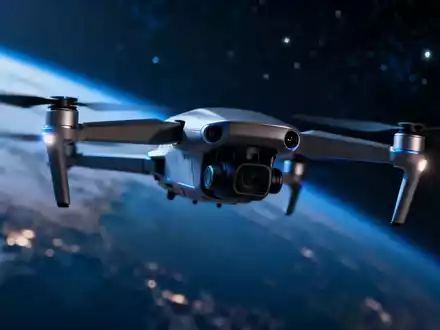 Eine futuristische Drohne mit Sensoren fliegt vor dem Hintergrund der Erdkrümmung und Sternen, Symbol für Weltraumverteidigung. - Foto: über boerse-global.de