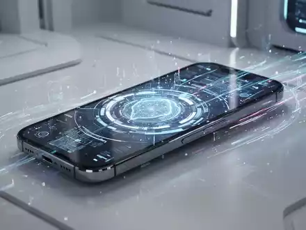 A close-up of a modern smartphone screen displaying a futuristic, glowing AI interface with abstract data elements. - Foto: über boerse-global.de