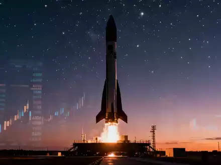 Eine futuristische Rakete startet bei Sonnenuntergang, mit subtilen digitalen Finanzdaten im Hintergrund. Symbolisiert Innovation und Wachstum. - Foto: über boerse-global.de