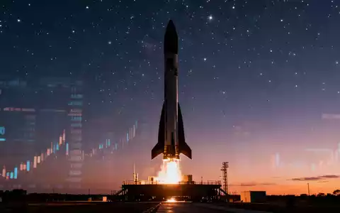 Eine futuristische Rakete startet bei Sonnenuntergang, mit subtilen digitalen Finanzdaten im Hintergrund. Symbolisiert Innovation und Wachstum. - Foto: über boerse-global.de