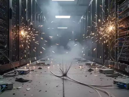 Dark, smoke-filled data center aisle with damaged server racks and a severed fiber optic cable on the floor. - Foto: ĂŒber boerse-global.de