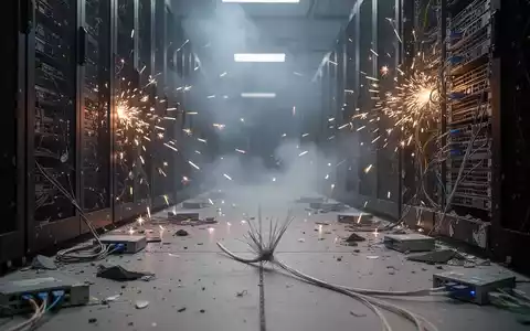 Dark, smoke-filled data center aisle with damaged server racks and a severed fiber optic cable on the floor. - Foto: über boerse-global.de