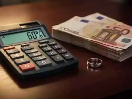 Ein Taschenrechner zeigt einen negativen Prozentsatz neben Euro-Banknoten und einem Ehering, der eine finanzielle Lücke symbolisiert. - Foto: über boerse-global.de