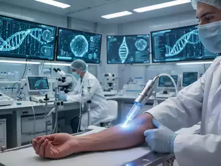 A close-up shot of a needle-free vaccine delivery system on a human arm, with glowing screens displaying DNA sequences in a futuristic lab. - Foto: über boerse-global.de