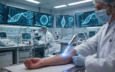 A close-up shot of a needle-free vaccine delivery system on a human arm, with glowing screens displaying DNA sequences in a futuristic lab. - Foto: über boerse-global.de