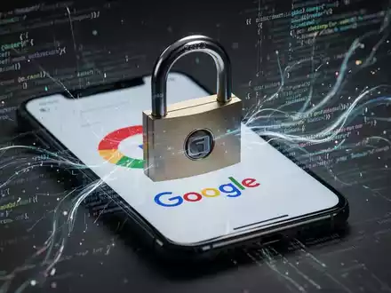 Ein digitales Vorhängeschloss über einem Smartphone-Bildschirm mit Google-Logo, umgeben von Code und Daten, symbolisiert eingeschränkten Zugang. - Foto: über boerse-global.de