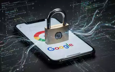 Ein digitales Vorhängeschloss über einem Smartphone-Bildschirm mit Google-Logo, umgeben von Code und Daten, symbolisiert eingeschränkten Zugang. - Foto: über boerse-global.de
