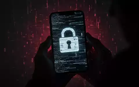 A shadowy hand holds an Android smartphone with a glitched lock screen, symbolizing ransomware and app security risks. - Foto: über boerse-global.de