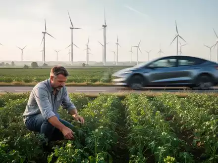 Ein landwirtschaftliches Feld mit Windturbinen im Hintergrund und einem Bauern, der Pflanzen inspiziert, während ein Elektrofahrzeug vorbeifährt. - Foto: über boerse-global.de