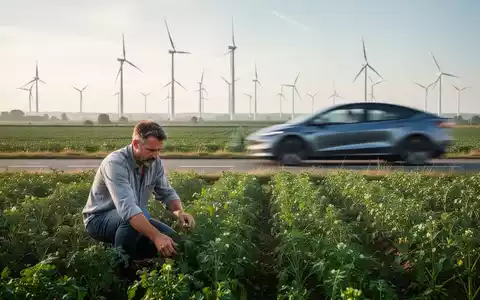 Ein landwirtschaftliches Feld mit Windturbinen im Hintergrund und einem Bauern, der Pflanzen inspiziert, während ein Elektrofahrzeug vorbeifährt. - Foto: über boerse-global.de