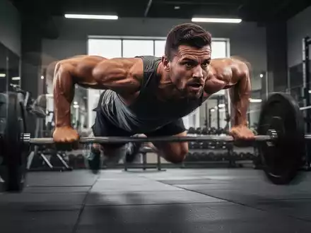Ein Athlet in dynamischer Bewegung während eines Burpees in einem Fitnessstudio, der Anstrengung und Ausdauer demonstriert. - Foto: über boerse-global.de