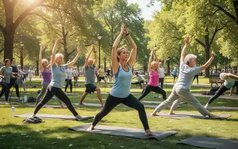 Verschiedene Menschen nehmen an einem Yoga-Kurs im Freien in einem Park teil, während andere im Hintergrund Sport treiben. - Foto: über boerse-global.de