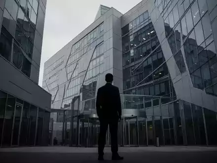 Eine Silhouette vor einem modernen Gebäude, das ein Verteidigungsunternehmen darstellt, symbolisiert einen Aktienverkauf. - Foto: über boerse-global.de
