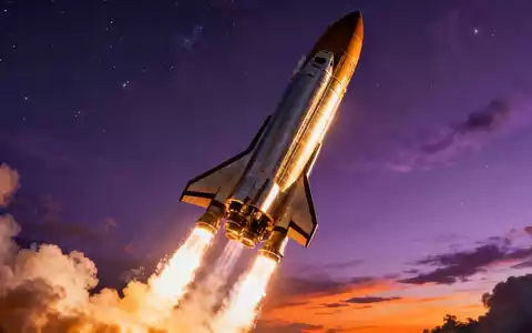 Eine elegante, moderne Rakete startet vor einem dramatischen Dämmerungshimmel, symbolisiert den Börsengang von SpaceX. - Foto: über boerse-global.de