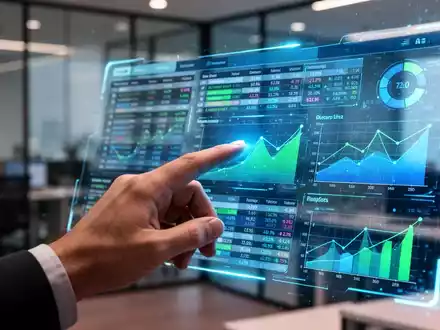 A hand interacting with a holographic spreadsheet showing data and AI charts, with a blurred office in the background. - Foto: über boerse-global.de
