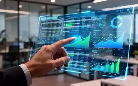 A hand interacting with a holographic spreadsheet showing data and AI charts, with a blurred office in the background. - Foto: über boerse-global.de