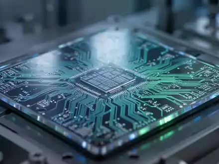 Nahaufnahme einer Siliziumwafer oder eines Mikrochips mit reflektierendem Licht, im Hintergrund eine verschwommene Hightech-Umgebung. - Foto: über boerse-global.de