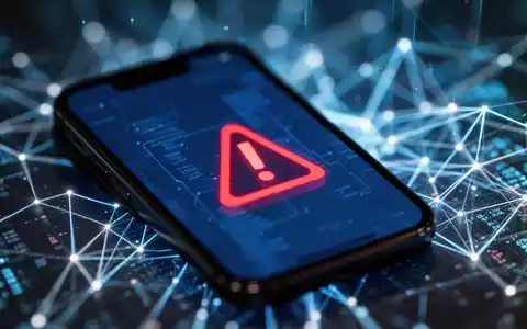 Nahaufnahme eines Smartphone-Bildschirms mit einem Warnsymbol, im Hintergrund verschwommene digitale Muster, die Cybersicherheit symbolisieren. - Foto: über boerse-global.de