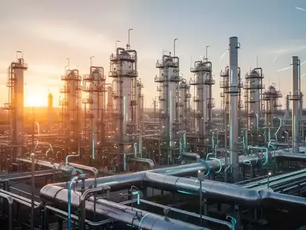 Große industrielle Wasserstoffproduktionsanlage bei Sonnenaufgang mit Elektrolyse-Stacks und Pipelines. - Foto: über boerse-global.de