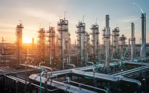 Große industrielle Wasserstoffproduktionsanlage bei Sonnenaufgang mit Elektrolyse-Stacks und Pipelines. - Foto: über boerse-global.de