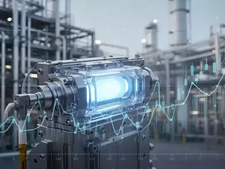 Nahaufnahme einer Wasserstoff-Brennstoffzelle mit blauem Licht, im Hintergrund eine Industrieanlage und ein Finanzdiagramm. - Foto: ĂŒber boerse-global.de