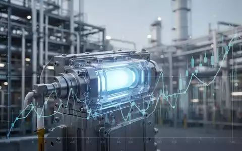 Nahaufnahme einer Wasserstoff-Brennstoffzelle mit blauem Licht, im Hintergrund eine Industrieanlage und ein Finanzdiagramm. - Foto: über boerse-global.de