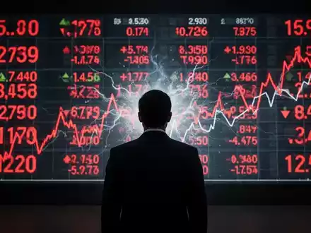 Ein silhouettierter Investor blickt auf einen digitalen Aktien-Ticker mit roten Zahlen, der wirtschaftliche Unsicherheit darstellt. - Foto: über boerse-global.de
