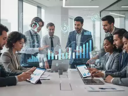 Eine vielfältige Gruppe von Fachleuten arbeitet in einem modernen Büro zusammen, diskutiert Daten auf einem transparenten Bildschirm. - Foto: über boerse-global.de