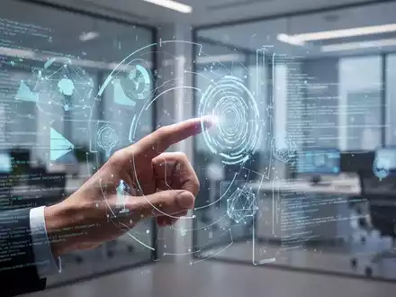 A stylized human hand interacts with a holographic interface displaying abstract design elements and lines of code, symbolizing AI-driven creative tools. - Foto: über boerse-global.de