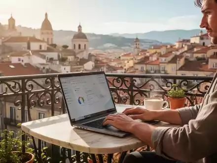 Eine Person arbeitet mit einem Laptop auf einem sonnigen Balkon mit Blick auf eine malerische ausländische Stadt. - Foto: über boerse-global.de