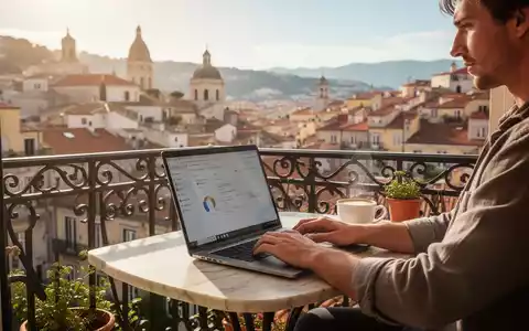 Eine Person arbeitet mit einem Laptop auf einem sonnigen Balkon mit Blick auf eine malerische ausländische Stadt. - Foto: über boerse-global.de