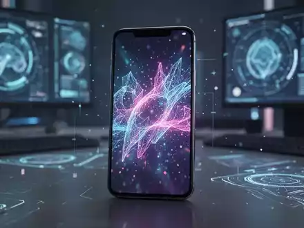 Ein modernes Smartphone zeigt ein KI-bearbeitetes Bild auf dem Bildschirm in einer futuristischen Büroumgebung. - Foto: über boerse-global.de