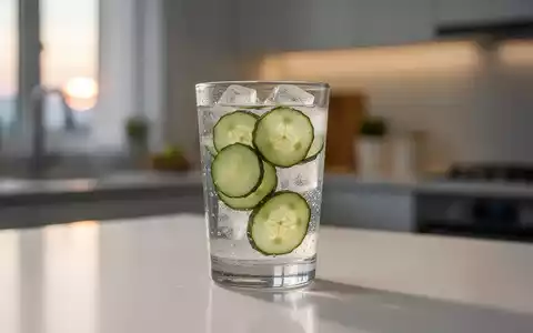 Ein klares Glas Gurkenwasser mit frischen Gurkenscheiben und Eiswürfeln auf einer modernen Küchenarbeitsplatte bei Abendlicht. - Foto: über boerse-global.de