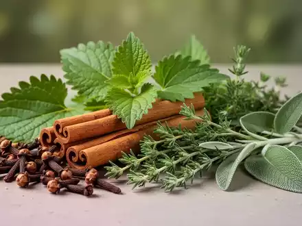 Eine elegante Anordnung von Nelken, Zimtstangen, Perilla-, Thymian- und Salbeiblättern, die für ihre antioxidativen Eigenschaften bekannt sind. - Foto: über boerse-global.de