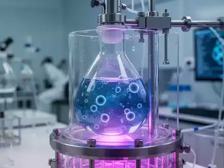 Nahaufnahme eines Bioreaktors oder Zellkulturkolbens mit leuchtender Flüssigkeit in einem sterilen Laborumfeld, symbolisiert Zelltherapie. - Foto: über boerse-global.de